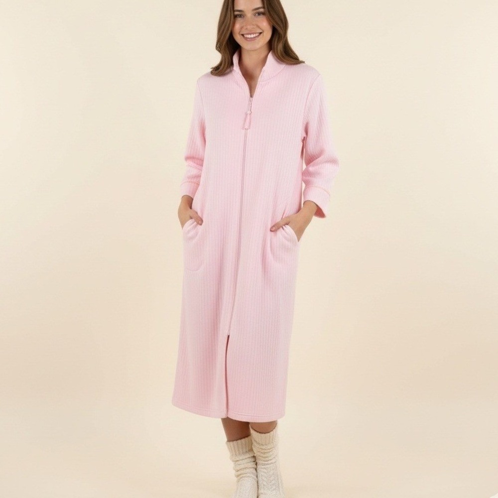 Collette by Miss Elaine Pink Zip Robe XL Quilted Long Sleeve Housecoatā Pockets
